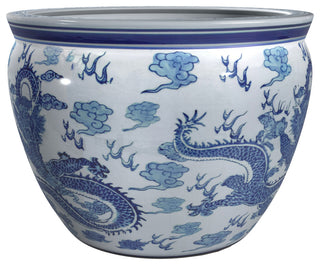 18" Dragon Blue and White Porcelain Fishbowl