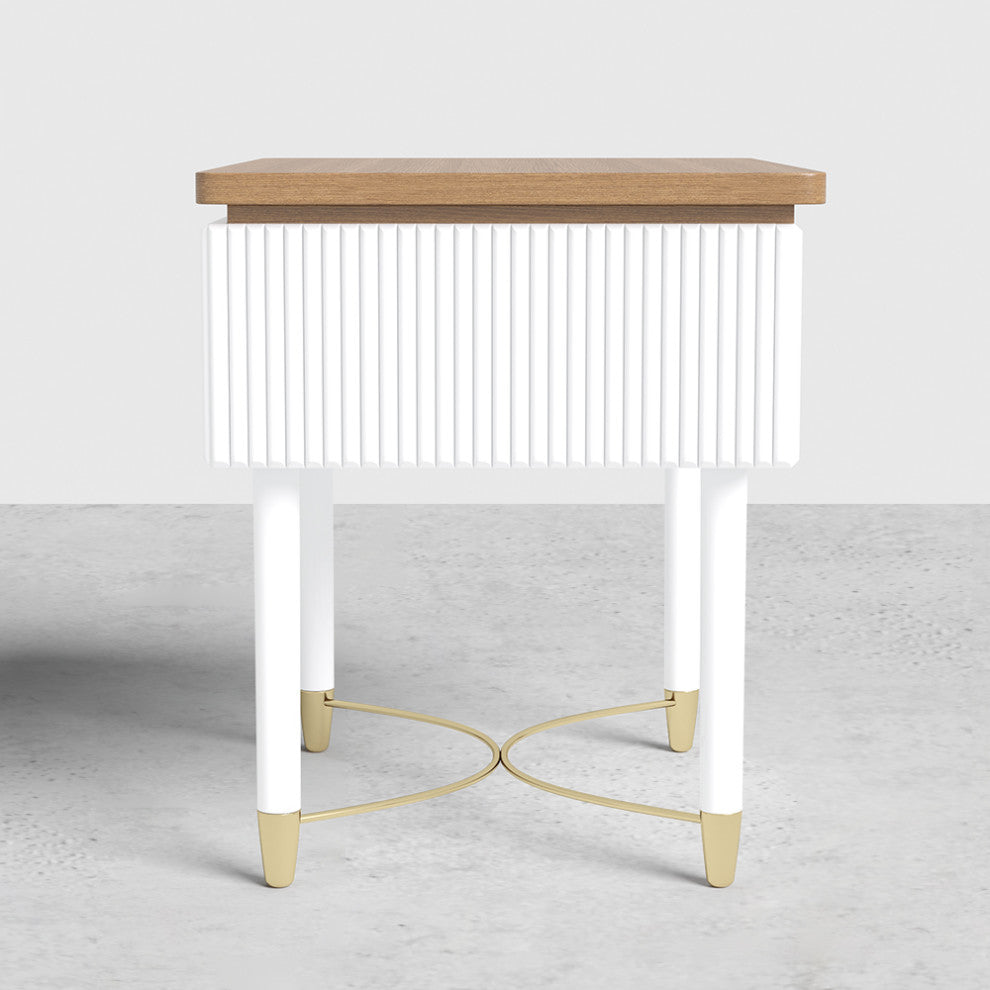 Modern White Nightstand Wood Nightstand Bedside Table with Drawer in Gold
