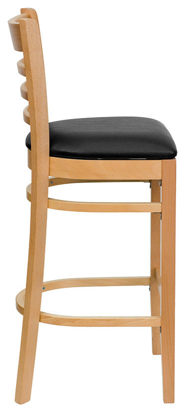 Ladder Back Natural Wood Restaurant Barstool, Black Vinyl Seat