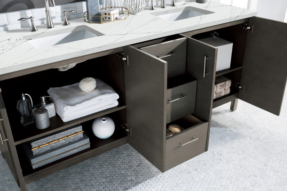 James Martin 850-V72-SOK-3ENC 72" Double Vanity Silver Oakw/ 3 CM Quartz Top