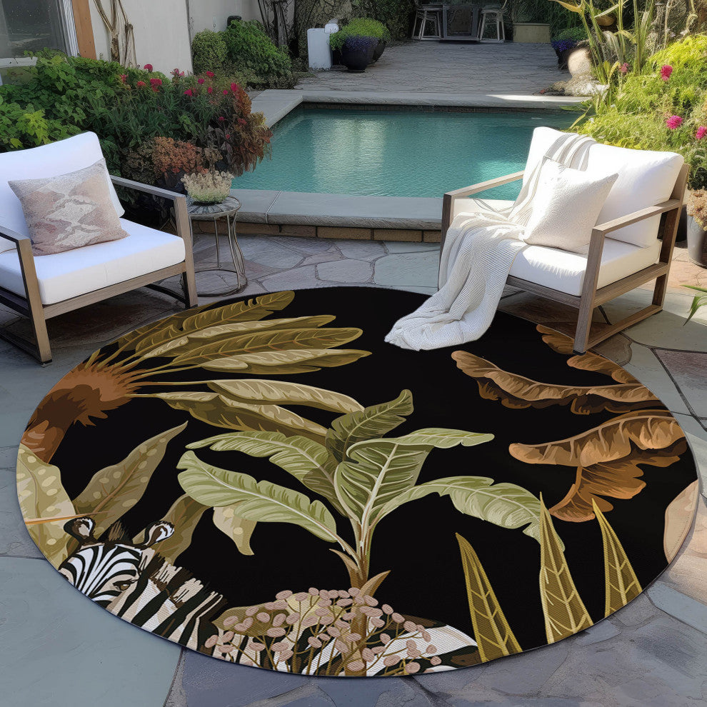 Indoor/Outdoor Tropics TC8 Black Machine Washable 8' x 8' Round Rug
