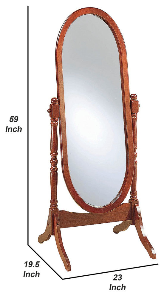 Benzara BM242736 Standing Cheval Mirror With Oval Frame Turned Posts, Brown