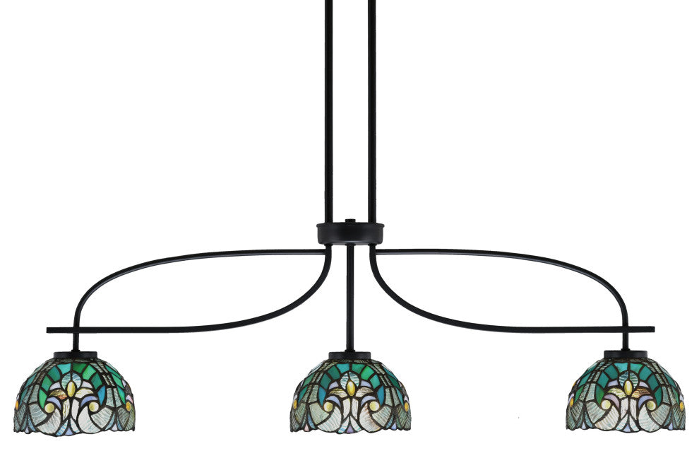 Cavella 3 Light Island Light, Matte Black Finish, 7" Turquoise Cypress Art Glass