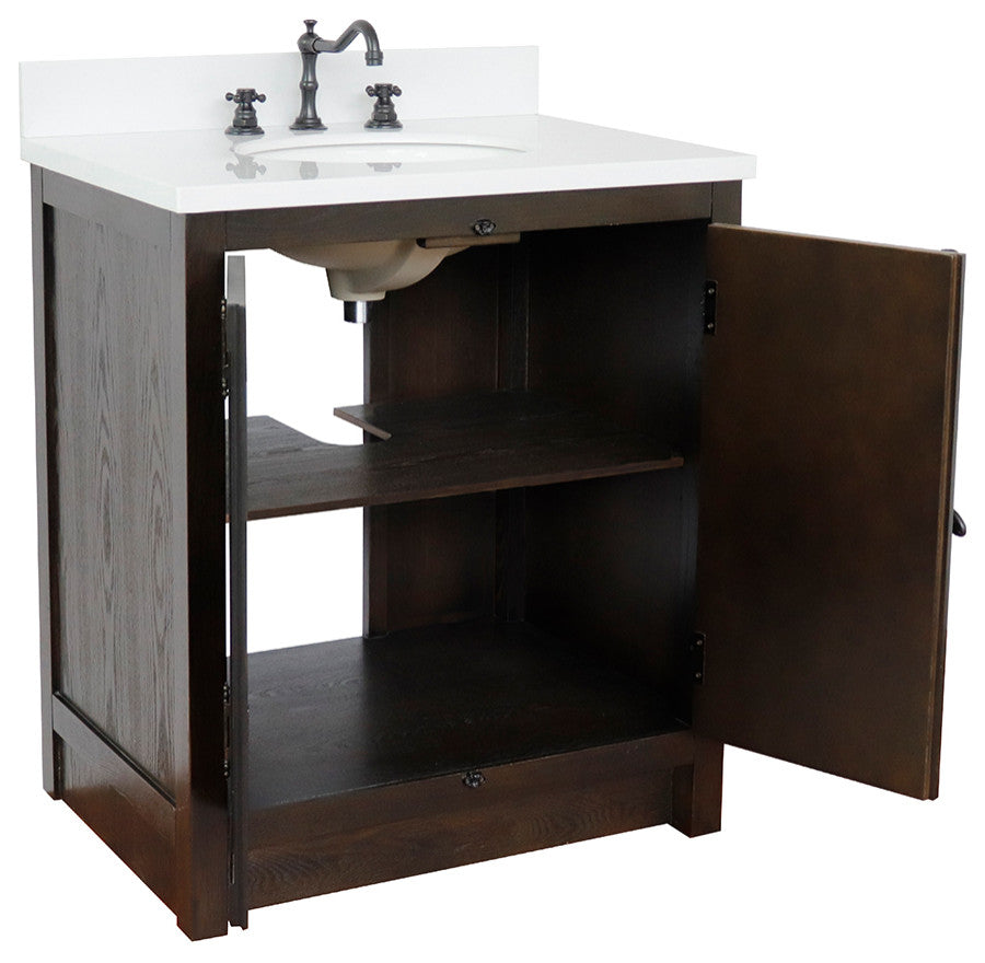 30" Single Vanity, Brown Ash, White Engineered Stone Top, Oval Sink