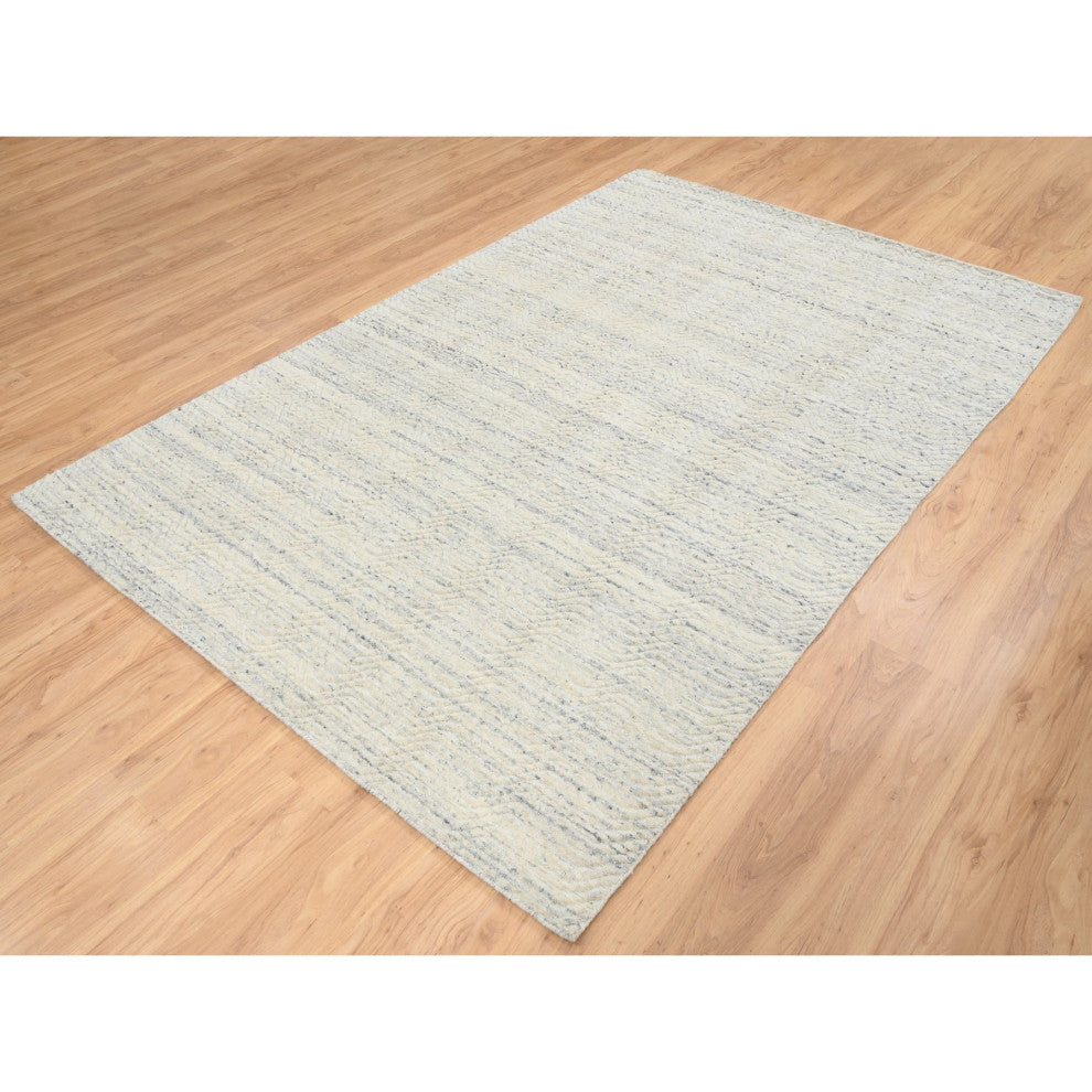 Beige Variegated Textured Modern Design Natural Wool Hand Loomed Rug, 5'10"x9'