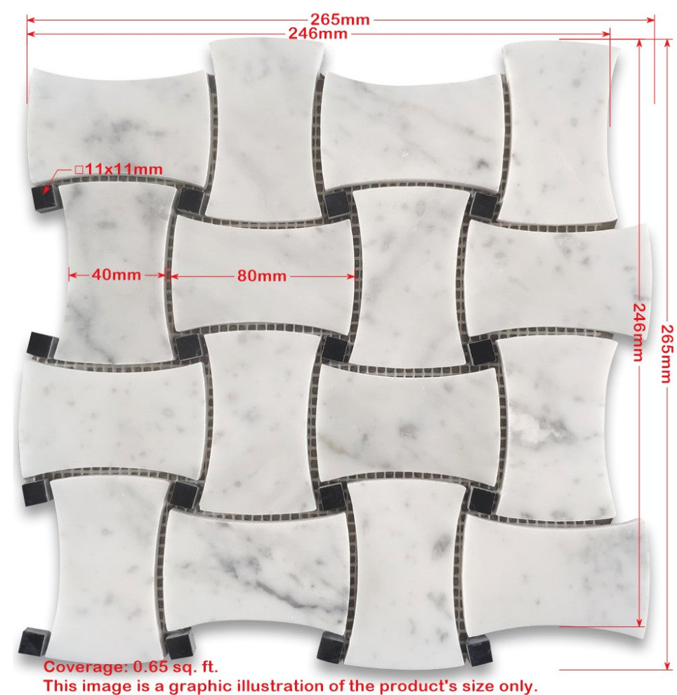 Carrara White Black Marble Dogbone Wicker Weave Mosaic Tile Honed, 1 sheet