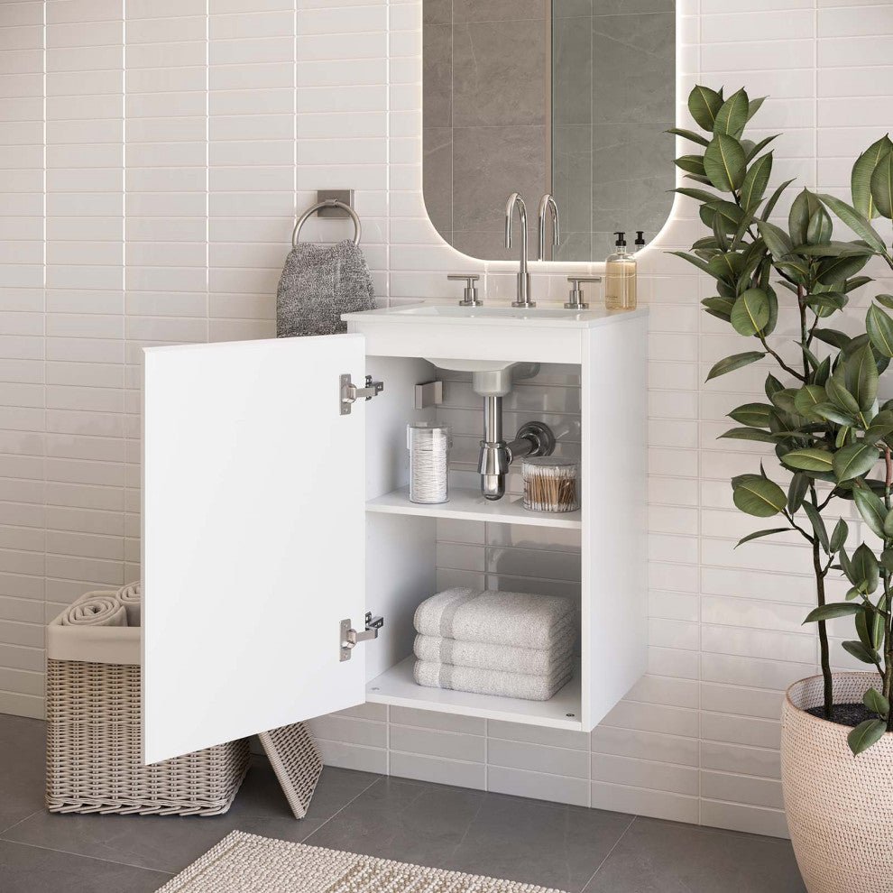 Sink Vanity Cabinet, Wall Mount, White, Ceramic, Modern, Hotel Bathroom