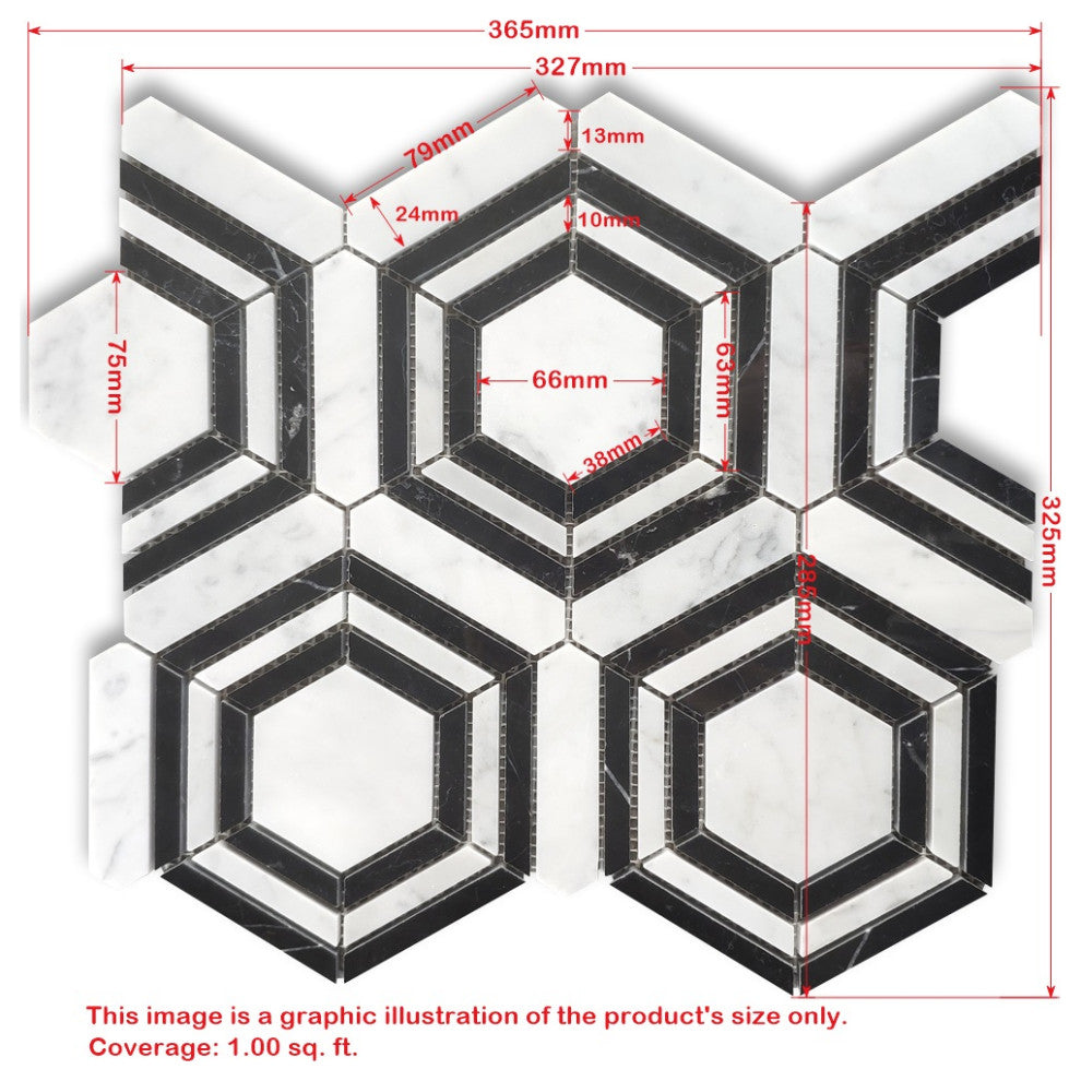 Carrara White Bardiglio Marble Hexagon Georama Geometric Tile Polished, 1 sheet
