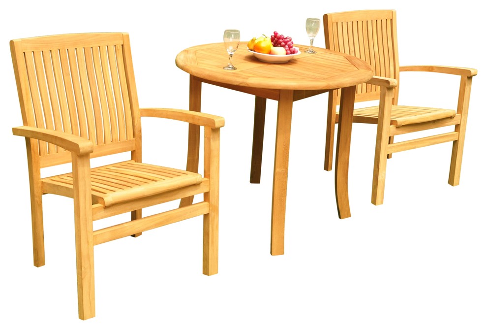 3-Piece Outdoor Teak Dining Set: 36" Round Table, 2 Wave Stacking Arm Chairs