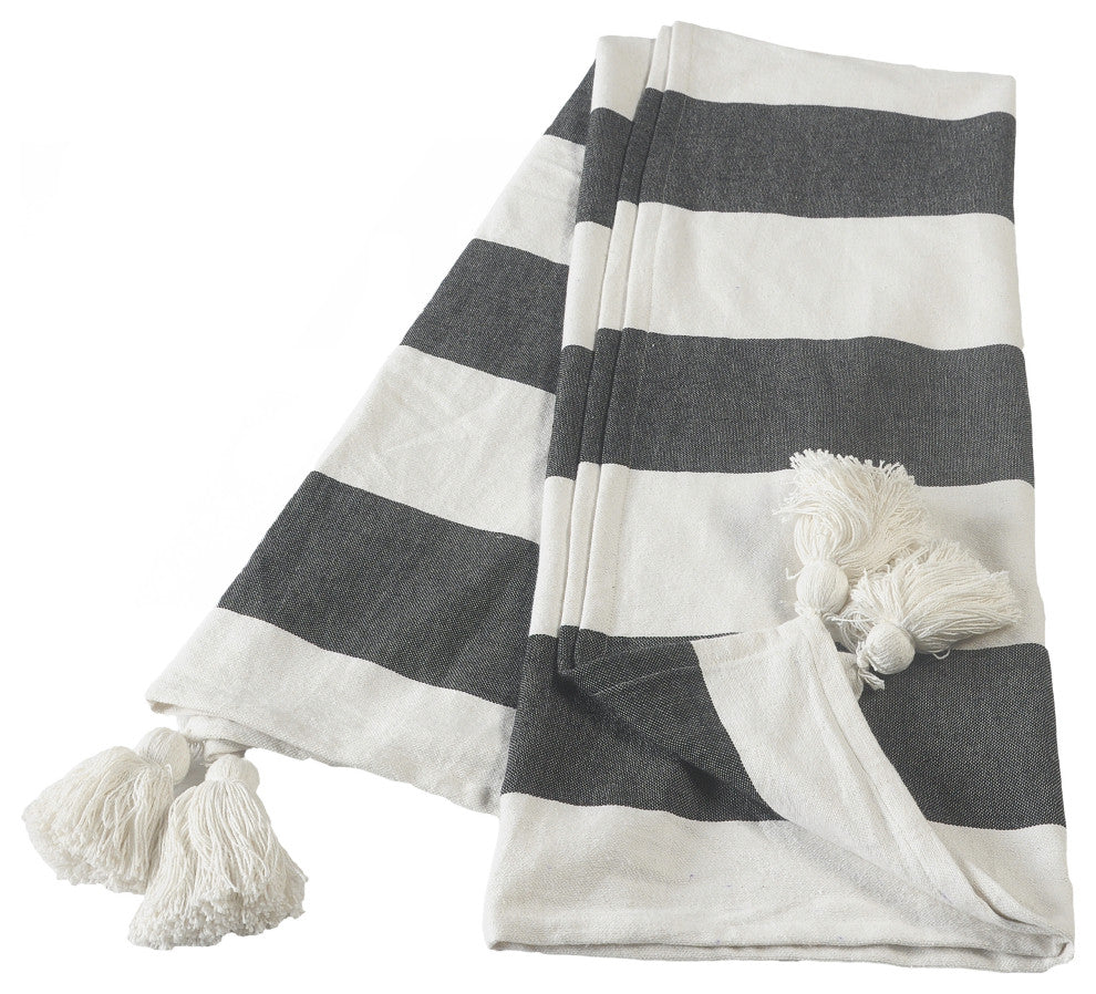 Charcoal Gray Cabana Striped Throw Blanket with Tassels