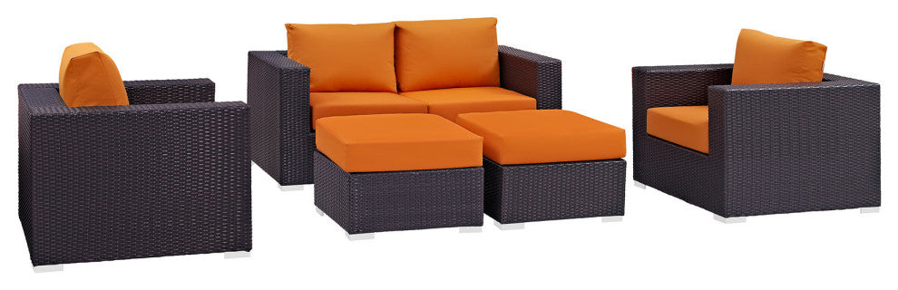 Modway Convene 5 Piece Outdoor Patio Sofa Set, Espresso Orange
