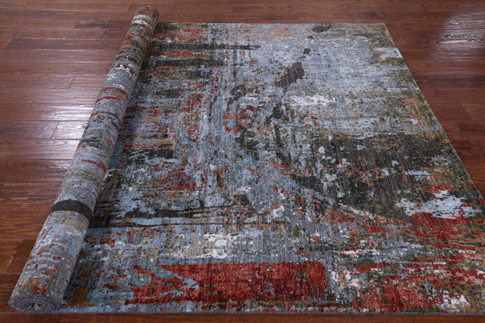 Bridge Design Modern Hand Knotted Wool and Silk Rug 6' 2" X 9' 2" Q6856