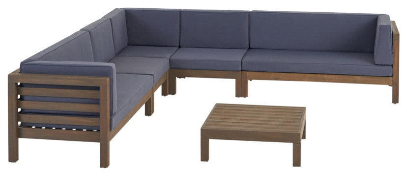 Emma Outdoor 7 Seater Acacia Wood Sectional Sofa Set, Dark Gray