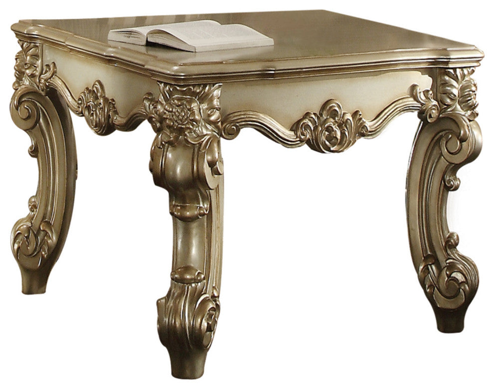 Benzara BM177678 Scrolled Legs/Carving Details Wooden End Table, Gold Patina