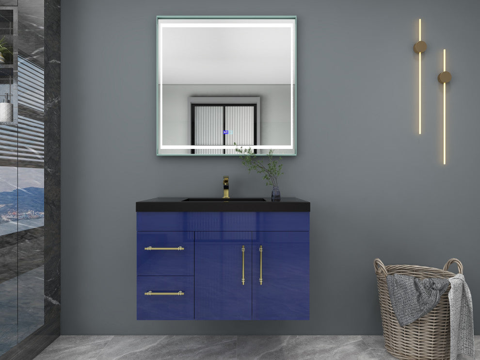 Rosa 36" Wall Mounted Modern Vanity, High Gloss Night Blue, Matt Black Top