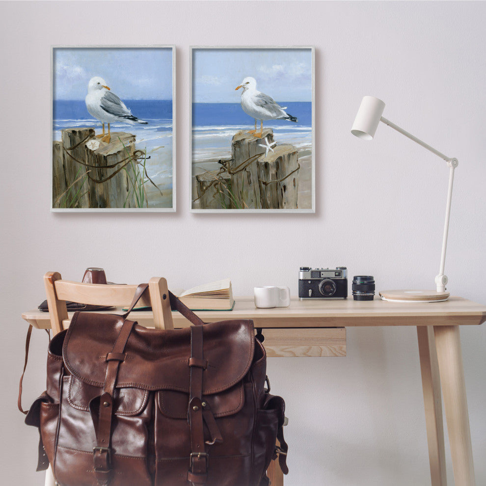 Seagulls Beach Shore Wooden Pillars Sanddollar Starfish Scene,16 x 20