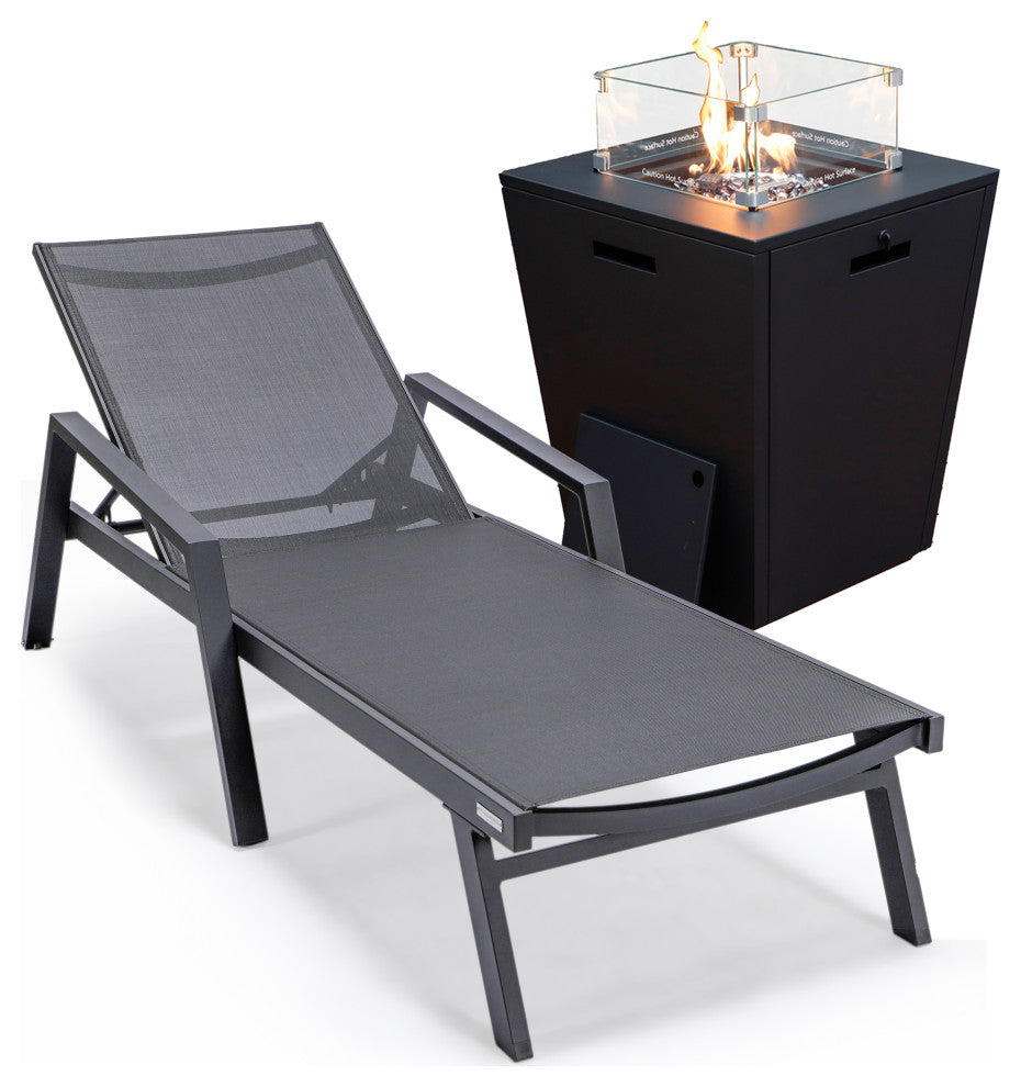 LeisureMod Marlin Chaise Lounge Chair With Arms and Fire Pit Table, Black