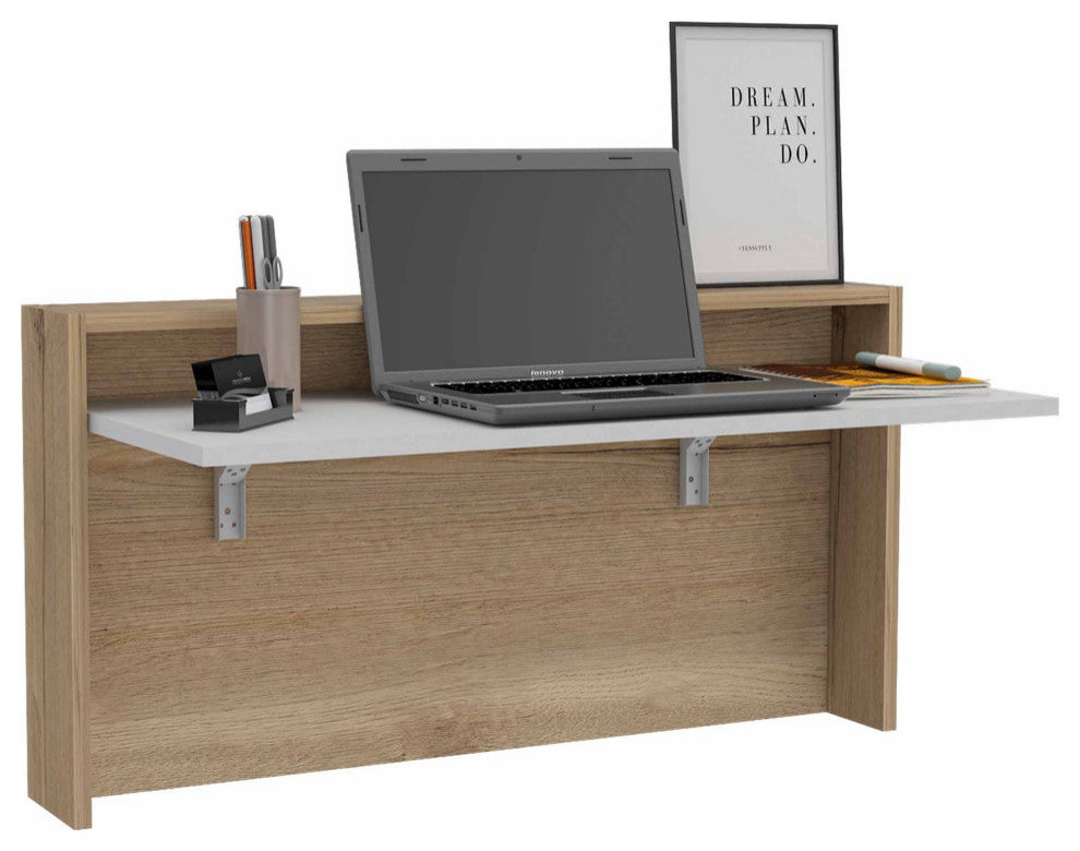 FM FURNITURE Brickell Wall Mounted Foldable Desk, Light Oak/ White