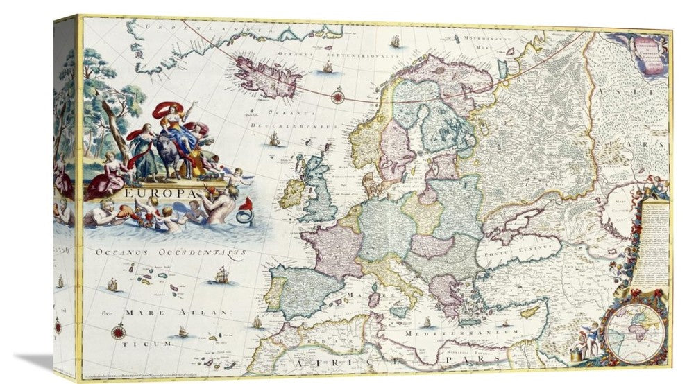 "Map of Europe" Stretched Canvas Giclee by Cornelis Danckerts, 22"x13"