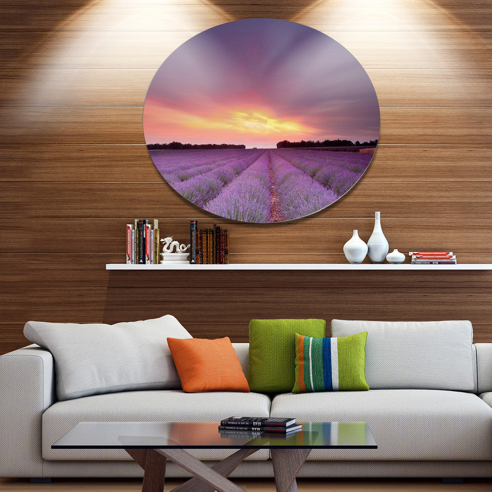 Beautiful Sunset Over Lavender Rows, Landscape Disc Metal Artwork, 11"