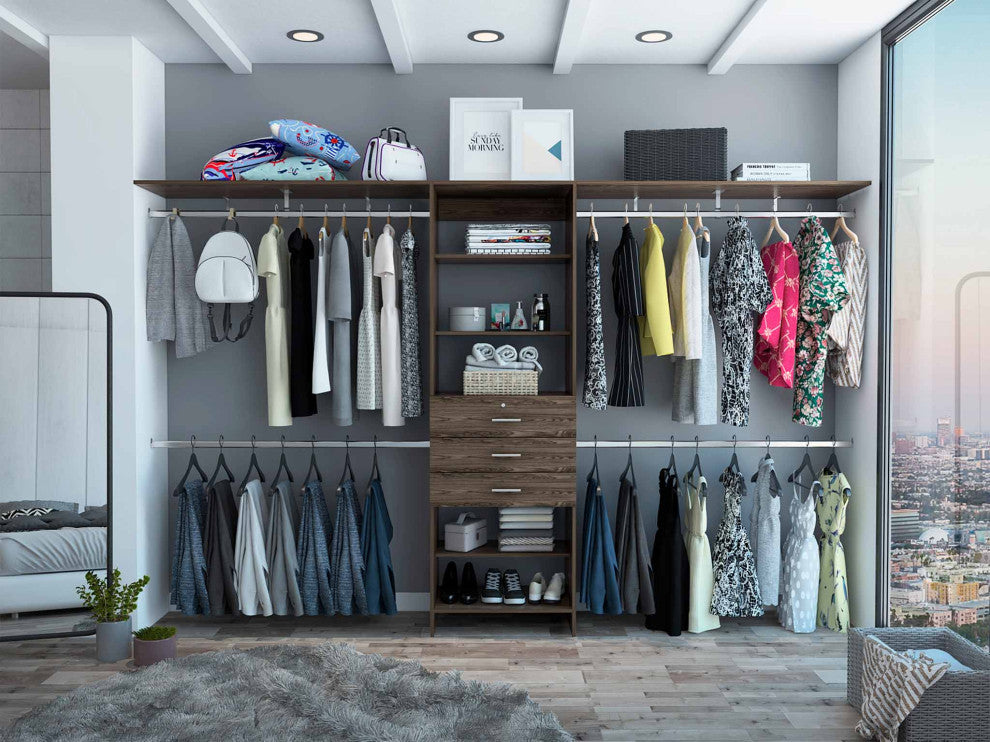 Pittsburg Drawer Closet with 5 Open Shelves, 4 Rods, and 3 Drawers,Dark Walnut