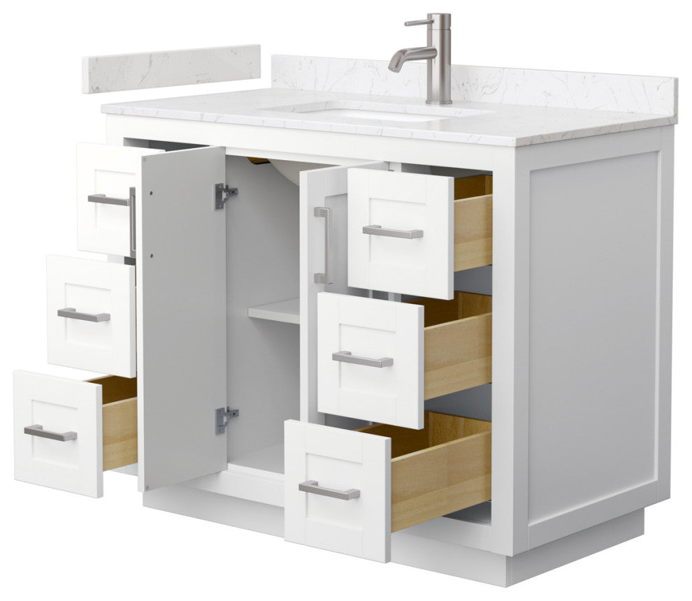 42"SGL Vanity White, Light-Vein Carrara Cult. Marble Top, Sink, Nickel Trim