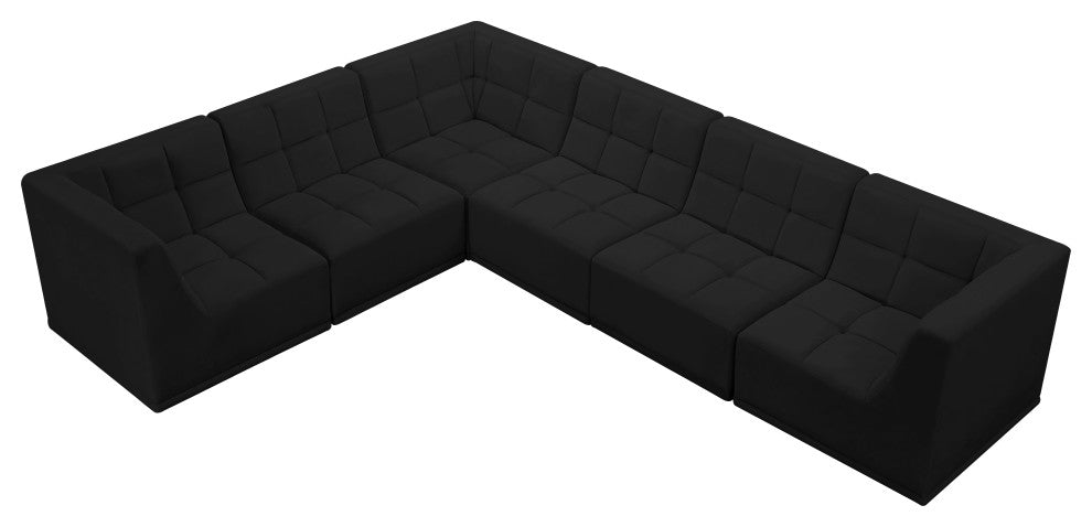 Relax Velvet Upholstered 6-Piece L-Shaped Modular Sectional, Black