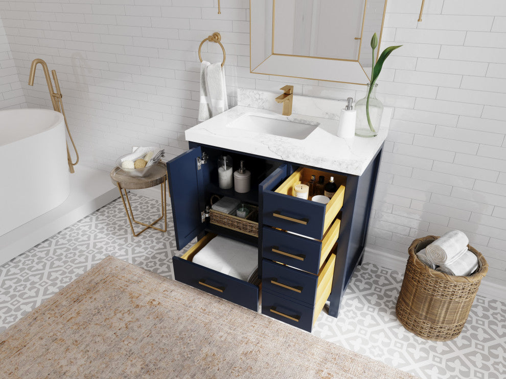 Malibu 36 Left Offset Bath Vanity in Navy Blue 2" Calacatta Laza