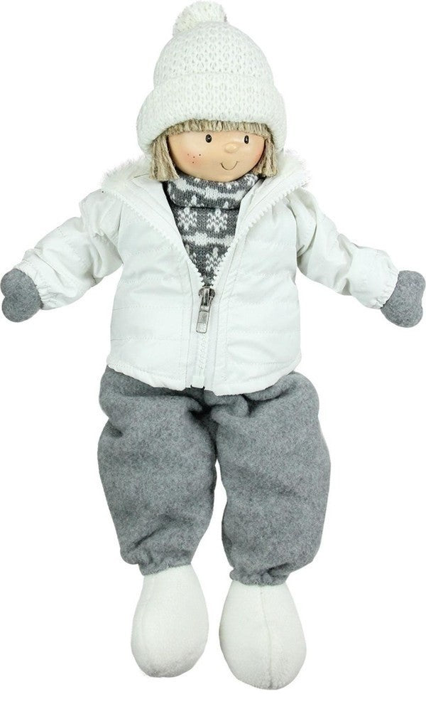16" White and Gray Joyful Sitting Boy Christmas Tabletop Decoration