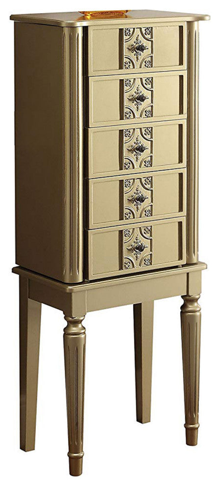 Benzara BM177734 Wood Jewelry Armoire With 5 Drawers in Gold