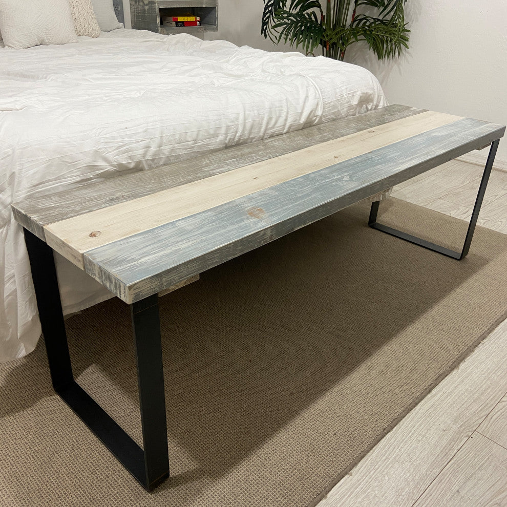 Bedroom or Entryway Bench, Heavy Duty Industrial Metal Legs, Farmhouse Mix, Length 74", Fits King Bed