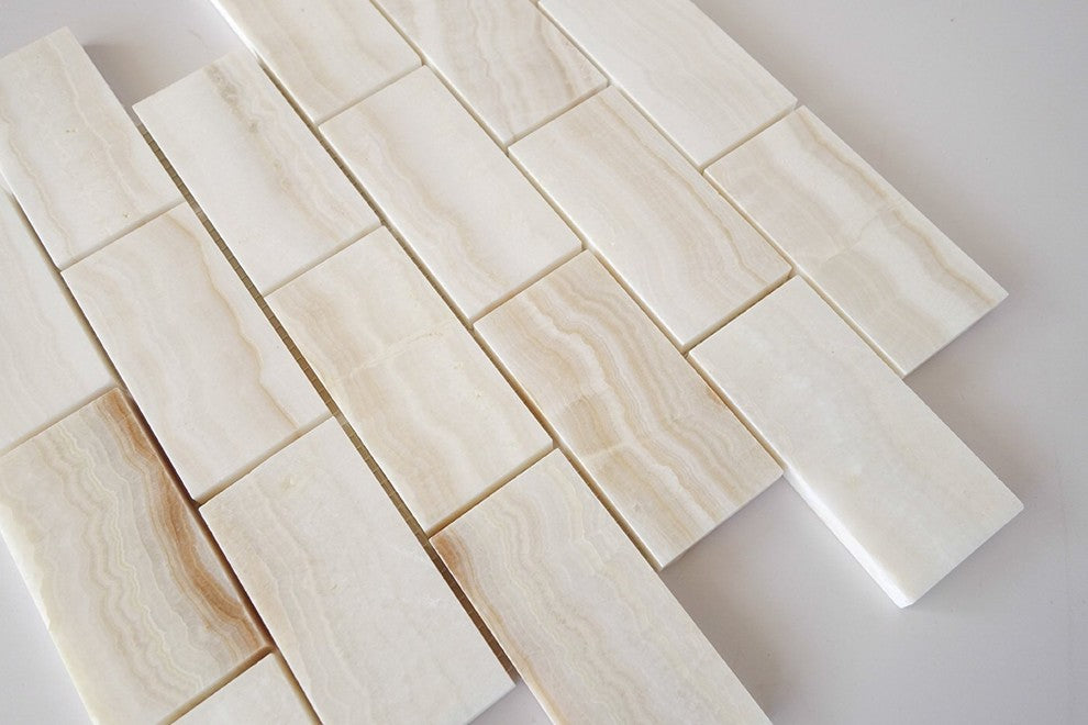 2 X 4 Premium White Onyx VEIN-CUT Polished Brick Mosaic Tile