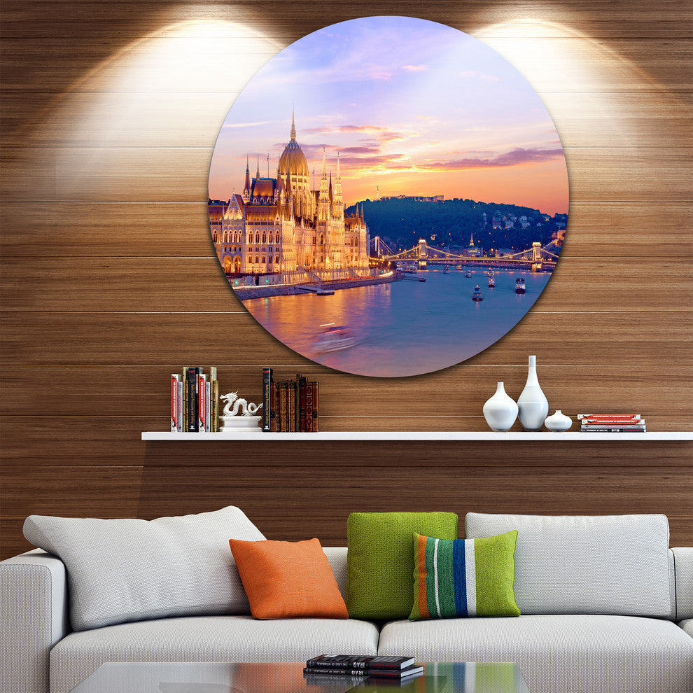 Parliament And Bridge Over Danube, Cityscape Disc Metal Artwork, 36"