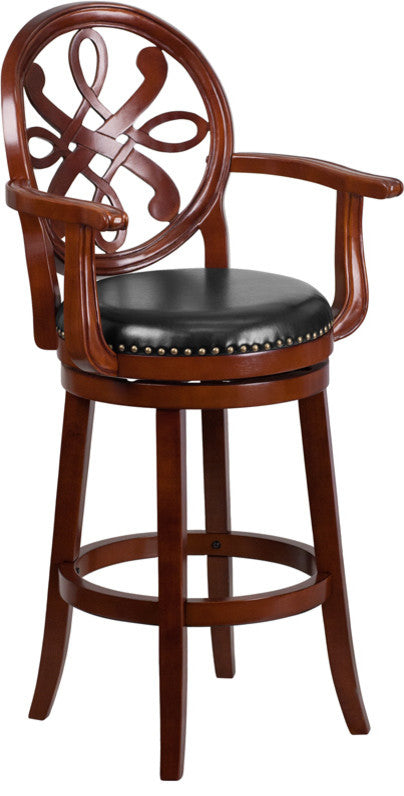30" High Cherry Wood Barstool With Arms and Black Leather Swivel Seat