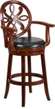 30" High Cherry Wood Barstool With Arms and Black Leather Swivel Seat