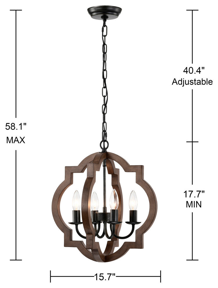 Carol 4-light Brown Natural Wood and Antique Black Metal Chandelier