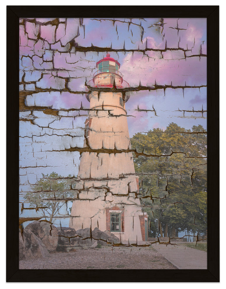 Faux Wood Texture Marblehead Lighthouse at Sunset Framed Photo Wall Art Print, Black, 8" X 10"