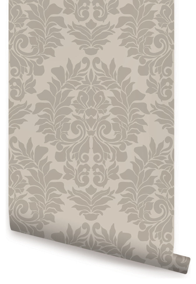 Classic Damask Peel and Stick Vinyl Wallpaper, Warm Gray, 24"w X 108"h
