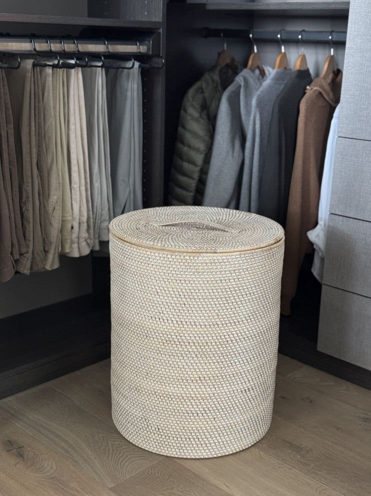 Loma Round Rattan Hamper and Laundry Basket With Removable liner, Latte