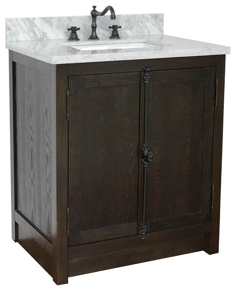 30" Single Vanity, Brown Ash, White Carrara Top, Rectangle Sink