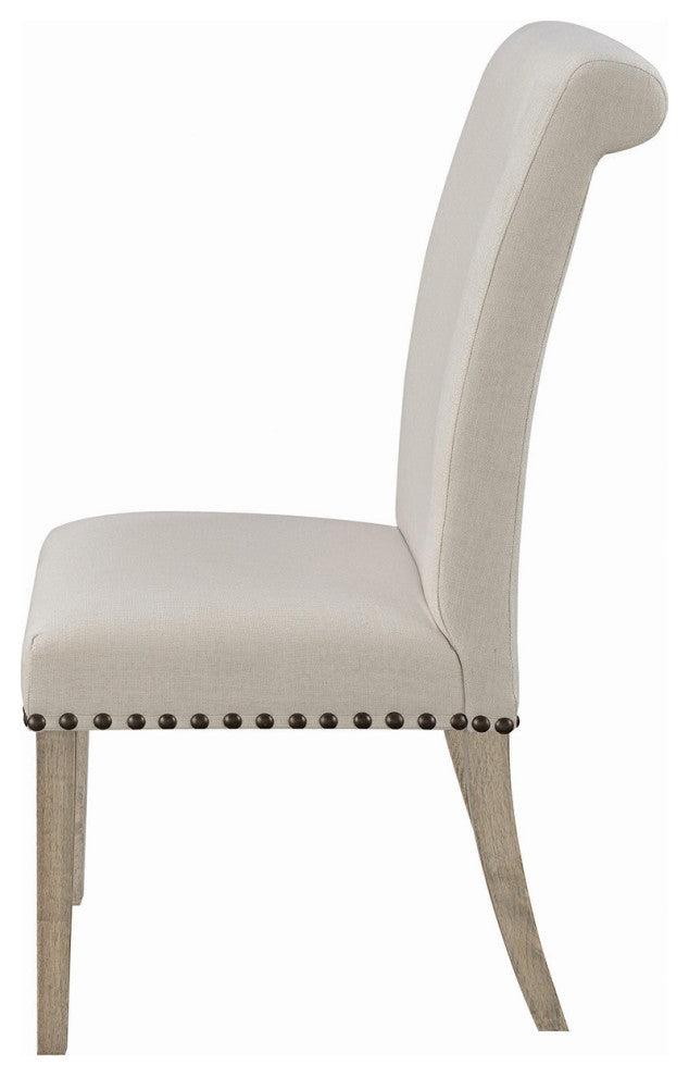 Set of 2 Dining Chairs with Nailhead Trim, Beige and Pine