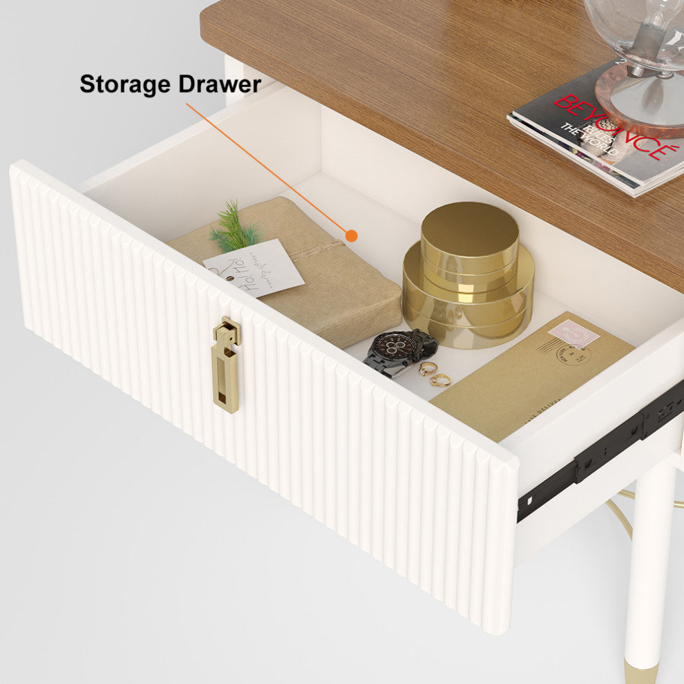 Modern White Nightstand Wood Nightstand Bedside Table with Drawer in Gold