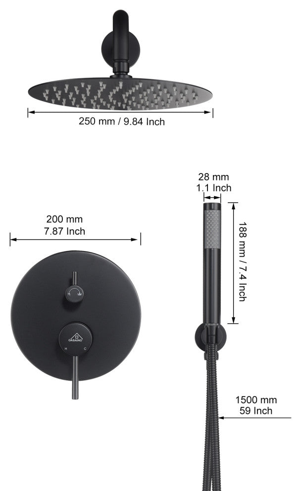 CASAINC 10" Round Wall Mounted Luxury Rain Shower System with Handheld Spray, Matte Black