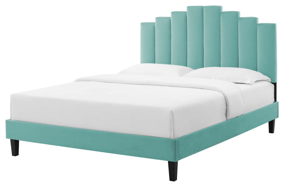Platform Bed Frame, Twin Size, Velvet, Blue, Modern Contemporary, Bedroom Master