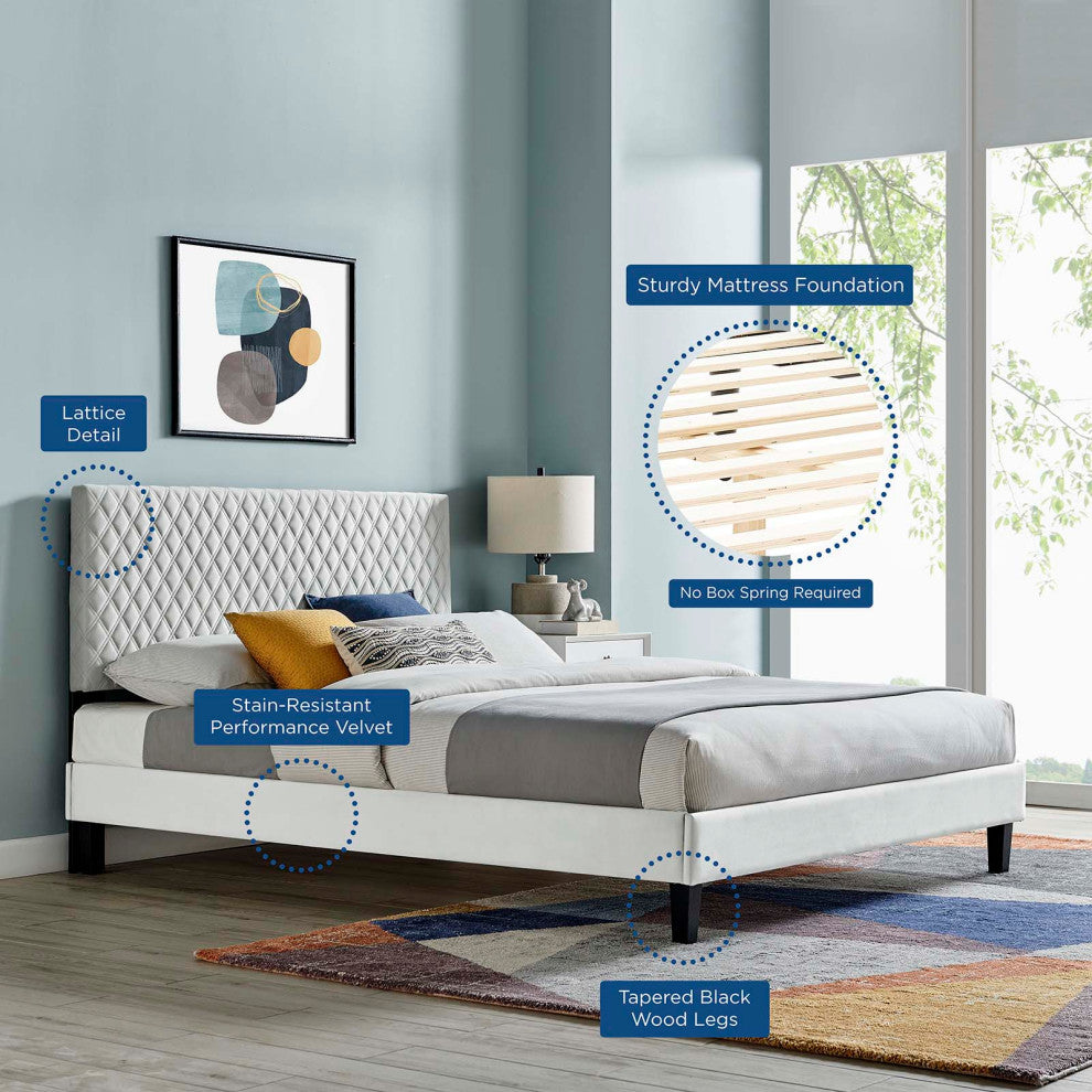 Platform Bed Frame, King Size, Gray, Velvet, Modern, Bedroom Guest Suite