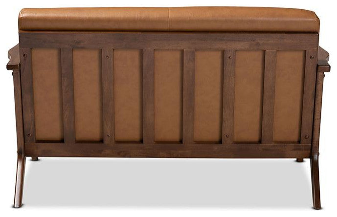 Bianca Mid-Century Brown Finished Wood and Tan Faux Leather Effect Loveseat