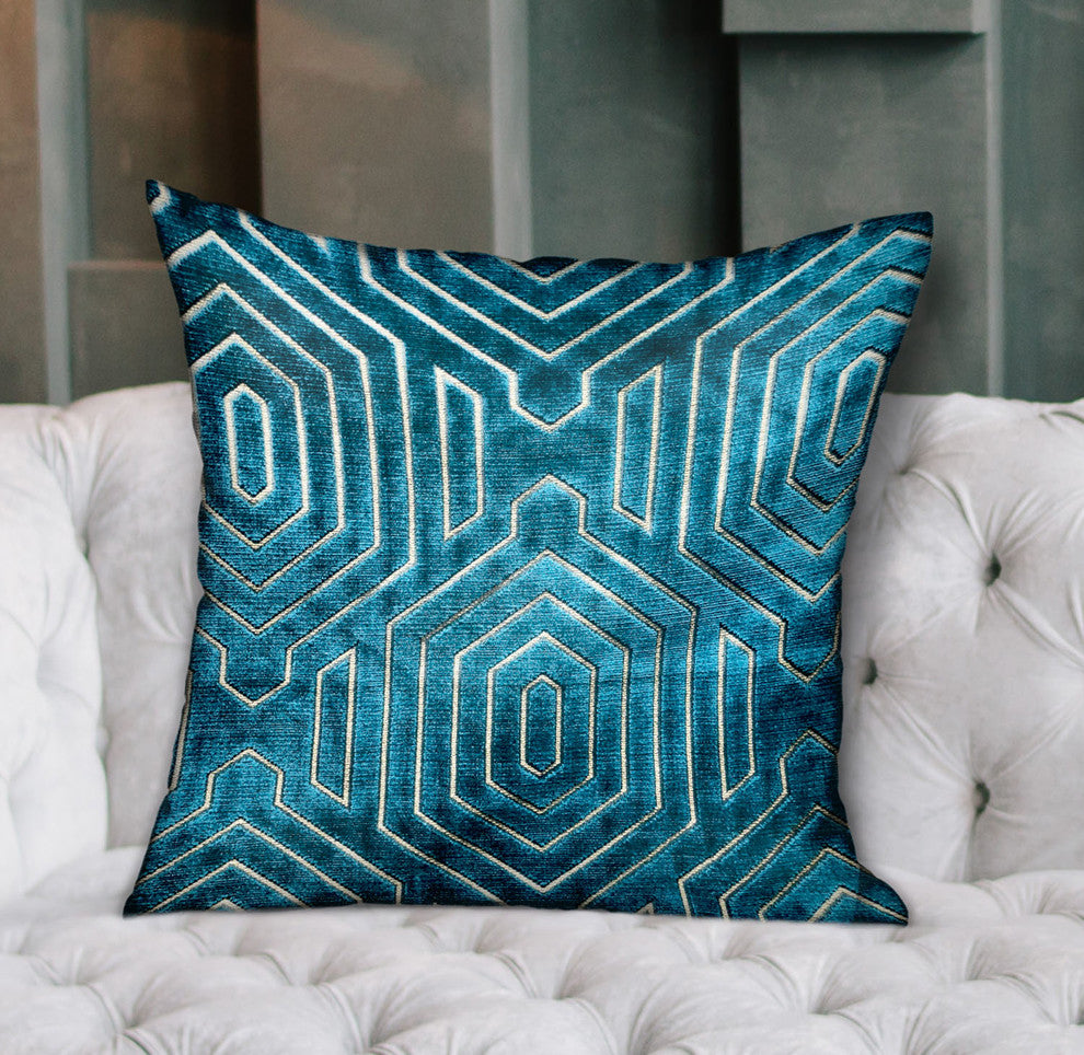 Plutus Cerulean Velvet Blue Geometric Luxury Throw Pillow, 16"x16"