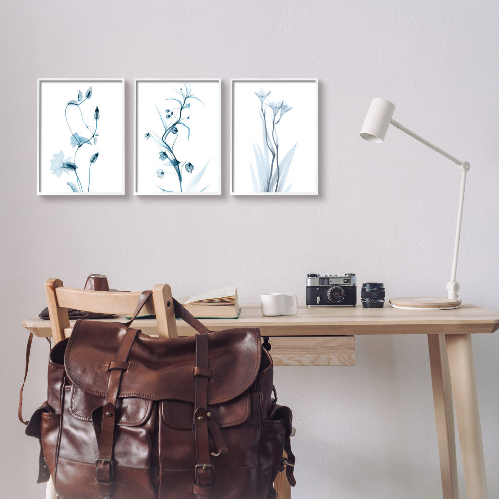 Aesthetic Minimalist Blue Botanical Floral Design, 3pc, each 11 x 14
