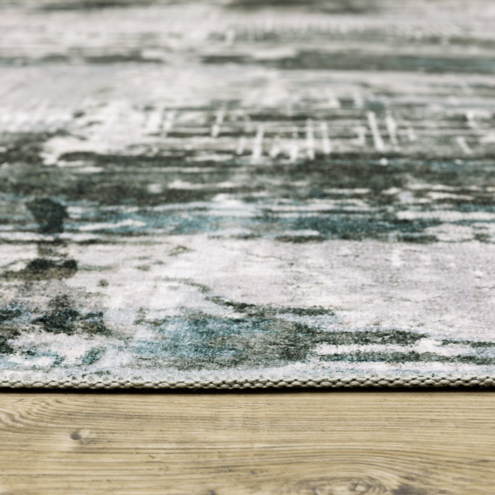 Michaela Machine Washable Modern Grey/ Teal Indoor Area Rug, Grey, 5'x7'