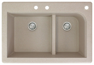 Radius 33" silQ Granite Double Bowl Kitchen Sink with 3 Holes in Cafe Latte